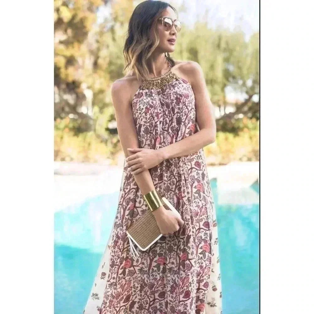 Nwt Nikasha Pink Rose Beaded Halter Maxi Dress - Size Medium